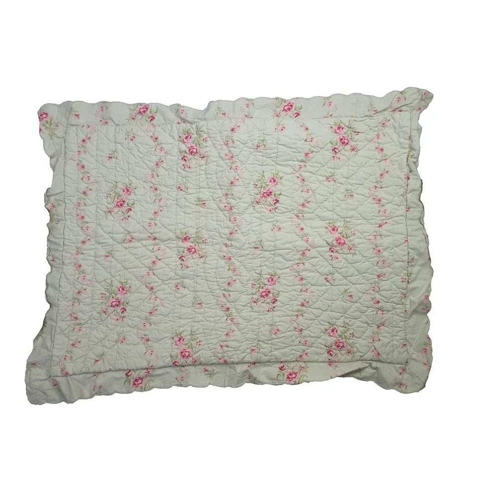 1 Simply Shabby Chic Lady Rose Green Quilted‎ Pillowcase Ruffle Cotton Cottage